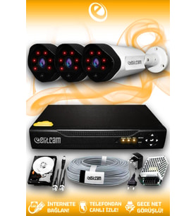 ELITCAM 3 Kameralı Uzay 3 Dış Kamera Set 1 TB HDD Full HD Gece Görüşlü Güvenlik Kamerası Sistemi