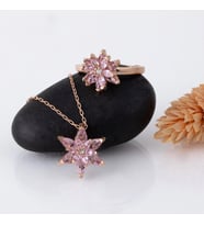 Gümüş Pazarım Pembe Renkli Lotus Çiçeği Gümüş Kolye Ve Yüzük Set (Rose)