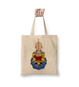 Saitama One Punch Man Bez Çanta Uzun Saplı Alışveriş Çantası Plaj Çantası (Beyaz)