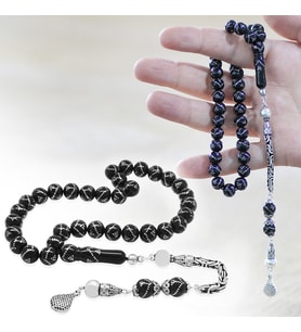 925 Ayar Gümüş Kral Zincir Püsküllü Gümüş Piramit İşlemeli Küre Kesim Erzurum Oltu Taşı Tesbih