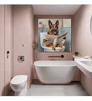 Tekli Kare Kanvas Banyo Tablosu Gazete Okuyan Alman Kurt Köpeği