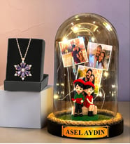 Kişiye Özel Fotoğraflı Led Işıklı Fanus ve Ametist Taşlı Lotus Kolye Hediye Seti