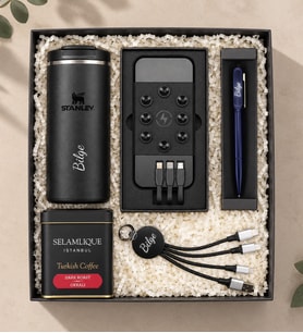 Stanley Termos Powerbank Şarj Kablosu Işıklı Kalem Kahve Premium Hediye Kutusu