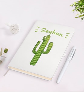 BK Gift Kişiye Özel İsimli Kaktüs Tasarımlı Beyaz Defter ve Kalem Seti-1