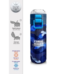 Coral High Erkek Çocuk İçin 500 ml'lik Paslanmaz Çelik Termos/Suluk - Lacivert Saks Kamuflaj Desenli