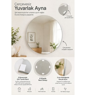 Duvara Yapıştırılan Çift Taraflı Bantlı, Çerçevesiz Dekoratif Ayna 40 cm çapında