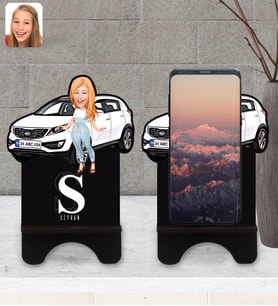 BK Gift Kişiye Özel Plakalı Kadın Kia Sportage Karikatürlü Ahşap Biblo Telefon Standı-2