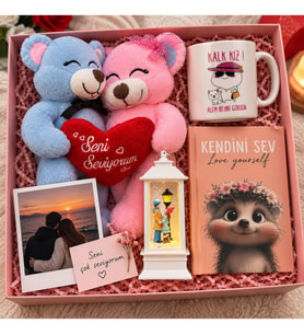 Sevgiliye Romantik Hediye Kutusu Sarılan Mavi Pembe Peluş Ayıcık Seni Seviyorum Kalp Kupa Defter Fotoğraf Seti
