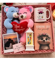 Sevgiliye Romantik Hediye Kutusu Sarılan Mavi Pembe Peluş Ayıcık Seni Seviyorum Kalp Kupa Defter Fotoğraf Seti