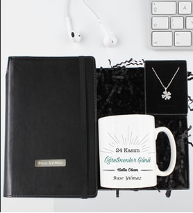 Öğretmenler Günü Kişiye Özel Defter & Kupa & Yonca Kolye Hediye Seti