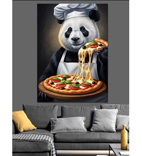 Pizza Yiyen Şef Panda Tablosu Dekoratif Kanvas - Mdf Ahşap Tablo