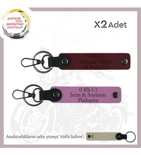Motorcuya İsim Plaka ve 0 Rh (-) Kan Grubu Yazılı Anlamlı Hediye, Deri x2 Anahtarlık, Pembe-Bordo-SK (Çok Renkli)