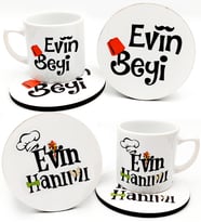 Özel Tasarım Altlıklı İkili Evin Hanımı Evin Beyi Türk Kahvesi Fincanı Seti