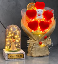 Size Özel Hediye Işıklı Kırmızı Kalp Buketi ve Led Işıklı Melekli Fanus