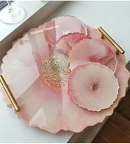 Altın Varaklı Dalgalı Desenli Iki Kişilik Söz Nişan Damat Epoksi Sunum Tepsi Bardak Altlığı Seti (Pembe)
