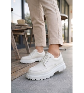 Sipayh Erkek Beyaz  Cilt Ayakkabı - Bağcıklı Günlük Spor Klasik Comfort Casual