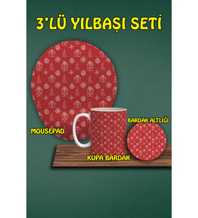 Yılbaşı Temalı 3'lü Bilek Destekli Mousepad Kupa Ve Bardak Altlığı Seti