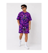 Erkek Oversize Kalıp Pubg Bape X Shark Nakışlı Cepli Şort Takım - Mor