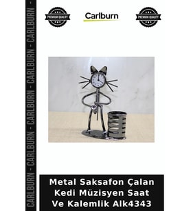 Özel Üretim Dekoratif Ofis Masaüstü Metal Saksafon Çalan Kedi Müzisyen Saat Ve Kalemlik Alk4343
