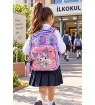 Kuromi Lisanslı Çocuk İlkokul Çantası Mor 3 Gözlü Okul İçin Sırt Çantası Modeli 40 x 28 x 15 cm
