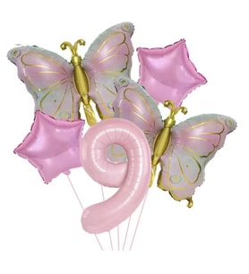Gold Kelebekli Pembe 9 Yaş Rakam Balon Set