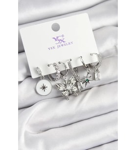 Pirinç Zİrkon Taşlı Kelebek ve Yıldız Model Gümüş Renk 3'lü Çift Kadın Küpe - TJ-BKP10958