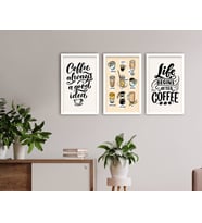 BK Home Coffee Tasarımlı Dekoratif 3’lü Ahşap Beyaz Çerçeveli Tablo-8