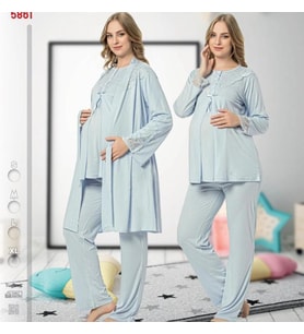 NEHİR 2026 MAVİ  Hamile Lohusa 3 Lü Pijama Sabahlık TK