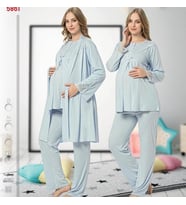 NEHİR 2026 MAVİ  Hamile Lohusa 3 Lü Pijama Sabahlık TK