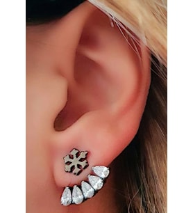 Kar tanesi figürlü siyah rodajli gümüş earcuff cift küpe