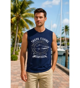 Erkek %100 Pamuk Bisiklet Yaka Shark Baskılı Kolsuz T-shirt