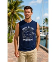 Erkek %100 Pamuk Bisiklet Yaka Shark Baskılı Kolsuz T-shirt