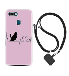 Oppo A5S A15 A16 A54 A55 A73 A74 Kılıf Boyun Askılı Silikon Pink Cat Heart 1303