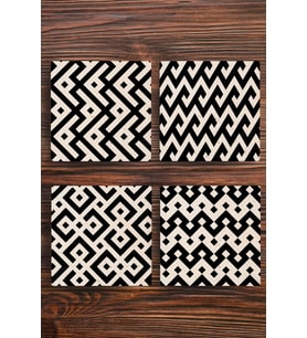 Doğaltaş Bardak Altlığı 4'lü Set - Siyah Desenler Uv Baskılı Doğal Taş Bardak Altı 10x10x1cm