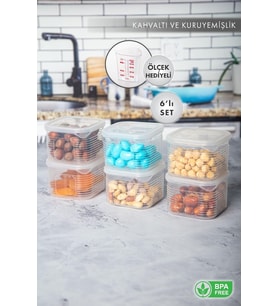 Erzak Saklama Kabı Sızdırmaz Kapak 6'lı Set Şeffaf -(Ölçü Kabı Hediyeli)