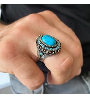 Gümüş Firuze Taşlı Erkek Yüzük (Gümüş Gri)