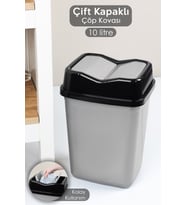 10 Litre Gri Çift Kapaklı Plastik Çöp Kovası, Ev, Ofis, Banyo ve Mutfak İçin
