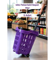 5 Adet - 43 LT Tekerlekli Market Sepeti Plastik Alışveriş Sepeti Ergonomik Çift Saplı Mor
