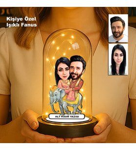 Kişiye Özel Çift Karikatür Fanus  Sevgili ve Evlilere Özel Işıklı Biblo