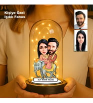Kişiye Özel Çift Karikatür Fanus  Sevgili ve Evlilere Özel Işıklı Biblo