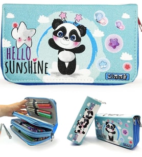 Kalem Kutusu Panda Kawai Organizer Kalemkutu Vegan Deri Üç Bölmeli Kalemlik-Mavi