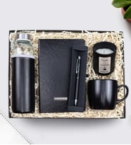 Kişiye Özel Siyah Defter & Siyah Touch Pen & Özel Deri Kılıflı 500 Ml Su Matarası & Siyah Kupa & Vanilya Kokulu Trendmiya Bardak Mum Hediye Seti