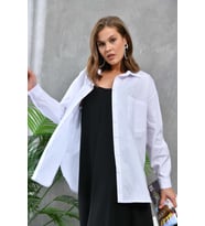 Kadın Beyaz Cep Detay Oversize Uzun Poplin Gömlek