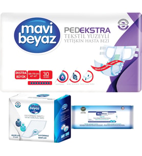 Mavi Beyaz Ped Ekstra Tekstil Yüzeyli Yetişkin Bel Bantlı Hasta Bezi XL 30 Adet+Yatak Korucu + Havlu