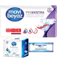 Mavi Beyaz Ped Ekstra Tekstil Yüzeyli Yetişkin Bel Bantlı Hasta Bezi XL 30 Adet+Yatak Korucu + Havlu