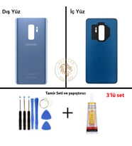 Samsung Galaxy S9 Plus Mavi Renk Arka Kapak + Tamir Seti + B7000 Yapıştırıcı Arka Cam Batarya Kapağı Pil Kapağı Lazer Kesim Back Cover Galaxy S9 Plus Uyumlu