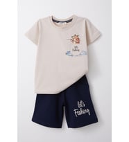 Breeze Erkek Çocuk Şortlu Takım Balık Tutan Ayıcık Baskılı 1.5-5 Yaş, Bej