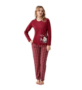 Arnetta %100 Pamuk Sıfır Yaka Ekose Bayan Pijama Takım (Bordo)