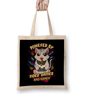 Powered By Video Games & Ramen Anime Cat Bez Çanta Uzun Saplı
