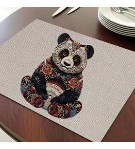 Renkli Panda Tasarımlı Amerikan Servis, Tabak Altlığı & Şık Masa Dekoru, Ev Hediyesi, 2 Adet (Krem)